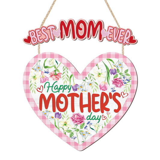 HOURIA Happy Mother's Day Wooden Sign(11.4”x12.5”),Vintage Best Mom Ever Wall Decor,Pink Flower Heart Shaped Door Hanger for Mom Grandma Woman
