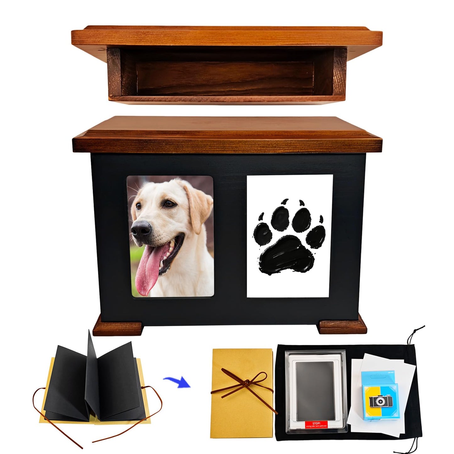 Personalized Wooden Pet Urn for Dogs, Cat Urns for Ashes, Pet Memory Box Memorial Boxs with Paw Print Impression Kit & Album Photo Frame for Loss Dogs, Large Wooden Dog Urn Keepsake Sympathy Gift