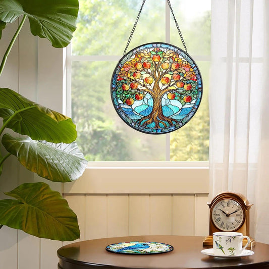 Stained Glass Window Hanging Set of 3, Colorful Sun Catchers for Indoor Window Door, Home, and Garden Decor – Sizes 4 in, 6 in, and 7.8 in Gift for Women, Men, Wife, Aunt, and Mom -Apple Tree