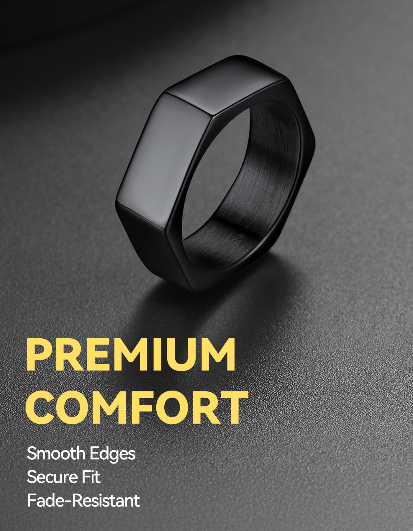 ChainsHouse Black Biker Ring Stainless Steel Jewelry Size 9 Punk Hexagon Geometric Band Rings
