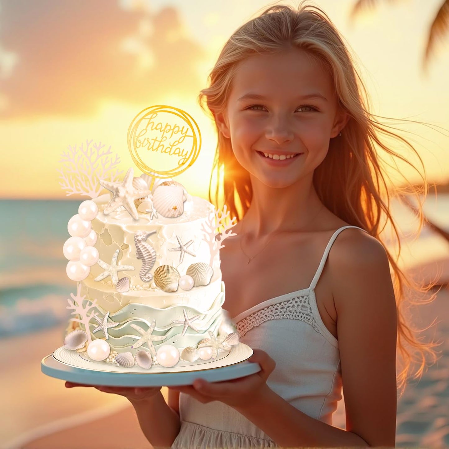 34 PCS Beach Seashell Cake Toppers, Beach Seashell Cake Decorations Birthday Party Decorations Under the Sea Ocean Cake Decoration for Summer Ocean Sea Starfish Theme Party Supplies