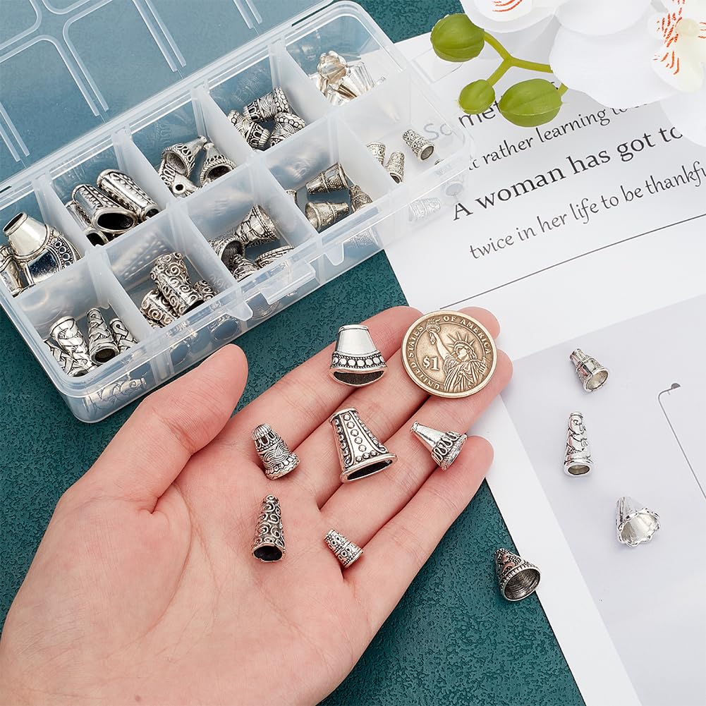 PH PandaHall 60pcs 10 Styles Cone Bead Caps, Tibetan Style Alloy Flower Bead Caps Spacers Tassel End Cap for Earring Necklaces Keychain Pendants Jewelry DIY Crafts Making, Antique Silver
