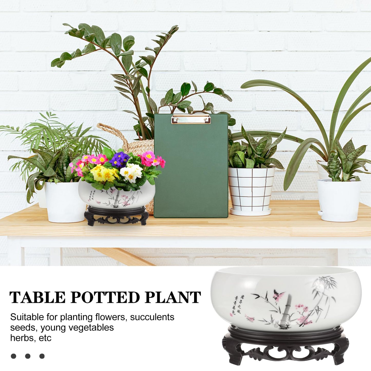 Lotus Bowl Flower Pot Ceramic Hydroponic Planter White Porcelain Bonsai Pot with Plastic Base for Indoor Water Planting Lily Lucky Bonsai Home Patio Garden Decor