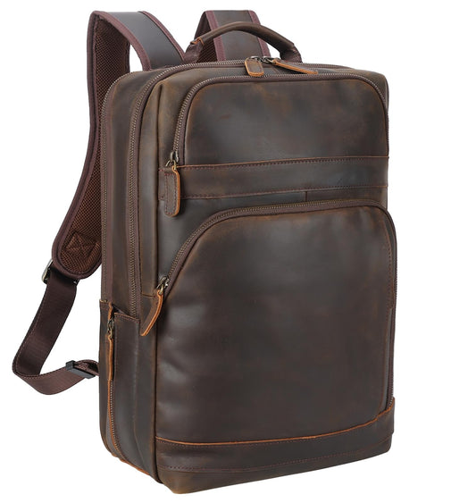 Masa Kawa Brown Leather Laptop Backpack for Men Fits 16” 15.6” Computer, Vintage Business Travel Work Large Daypack Weekender Bag Camping Rucksack