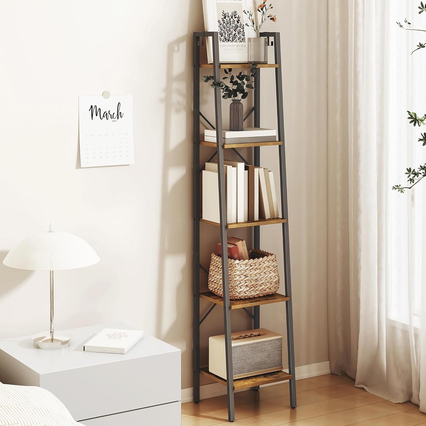 Hzuaneri Ladder Shelf, Bookshelf Bookcase, Freestanding Corner Storage Shelve with 2 Hooks for Home Office, Living Room, Kitchen, Bedroom, Industrial, 11.8" D x 13.4" W x 63" H, Rustic Brown BC03201B