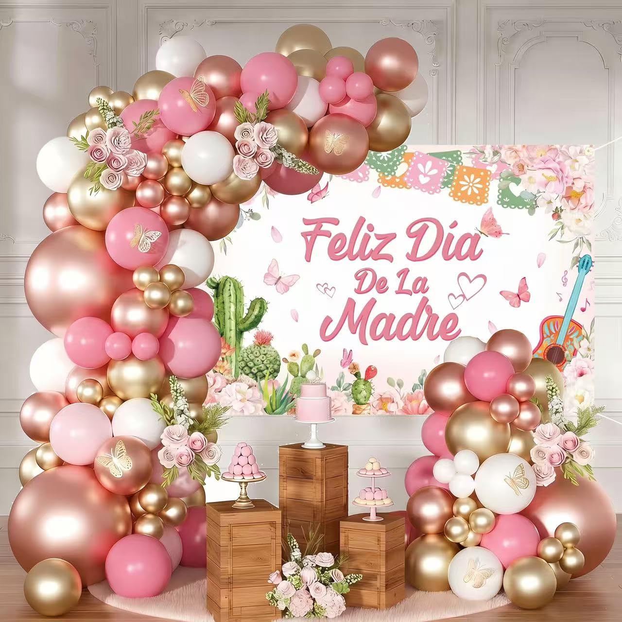 Feliz Da De La Madre Balloon Arch Kit 115 Pcs Mexican Mother's Day Balloon Garland Kit Rose Gold Pink White Balloons with Banner for Best Mom Ever Mothers Day Party Supplies
