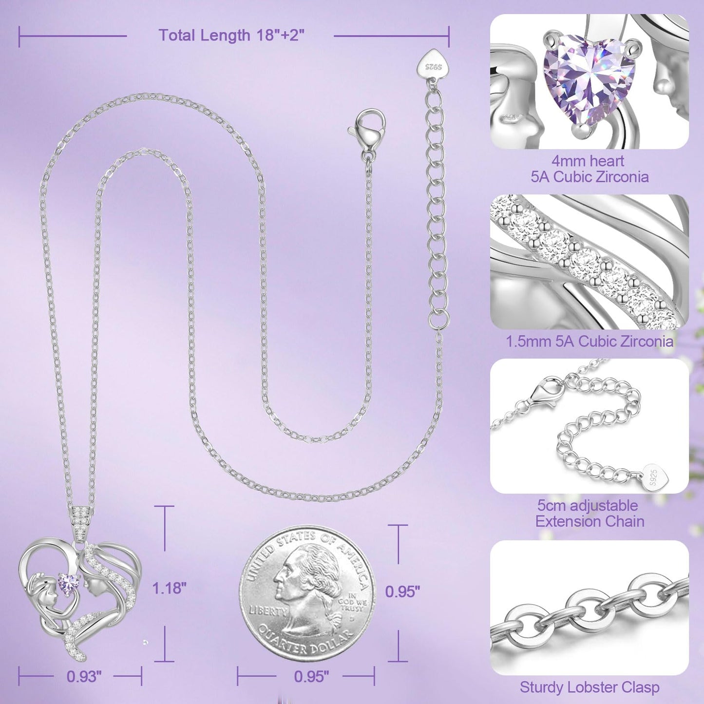 Zifeel Mothers Day Gifts for Mom Wife Her Grandma, S925 Sterling Silver Birthstone Necklaces Jewelry for Women, Mother's Day Love Heart Pendant Necklace for Anniversary Birthday Christmas Day