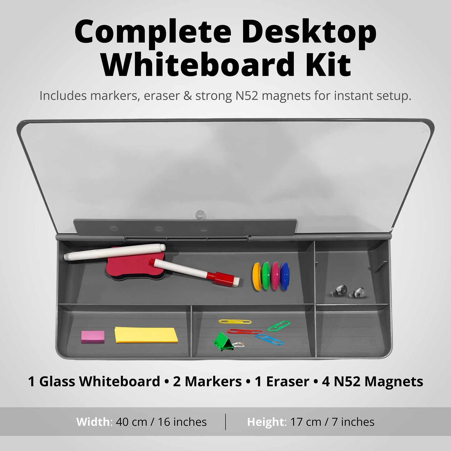 Storonium Glass Desktop Magnetic Whiteboard with Storage, Frosted Glass Dry Erase Board for Desk, Desk Organizer with Strong Magnets and Phone Stand for Home Office and School Supplies