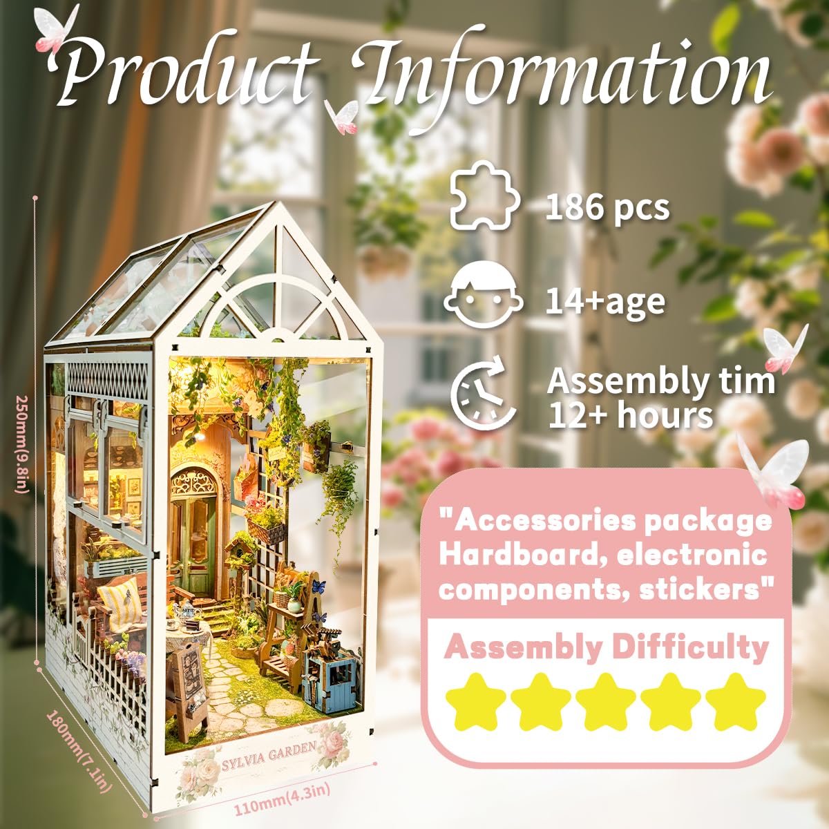 STRUCWOOD LED Garden Book Nook Kit DIY Miniature Dollhouse 3D Puzzle Wooden Bookshelf Room Decoration- Booknook Kits for Adults- Sylvia Garden (SQ-22)