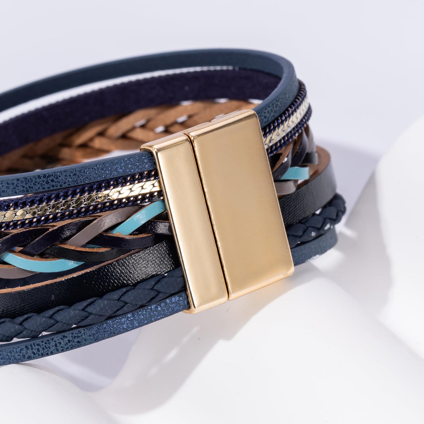 Becklynn Boho Leather Wrap Bracelets Beaded Crystal Stackable Cuff Bracelet with Magnetic Clasp Cowboy Cowgirl County Concert Outfits Western Jewelry Gifts for Women(Stone Navy Blue)