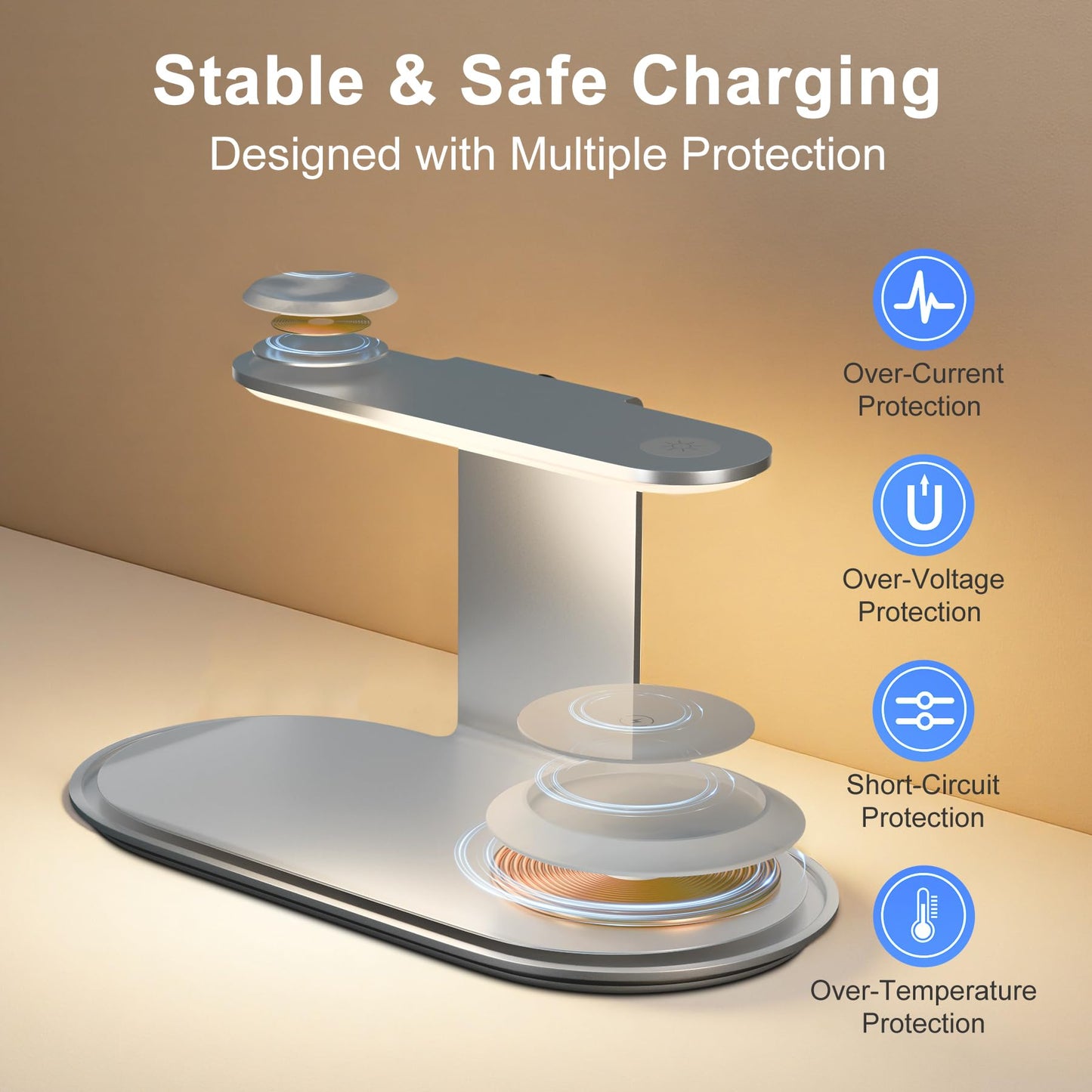 4-in-1 for Magsafe Wireless Charging: 15W Qi Magnetic Fast Charger Station Pad with Night Light for iPhone 17 16 15 14 13 12 Pro Max-for Apple Watch and AirPods Series-Desk Nightstand Bedside, Silver