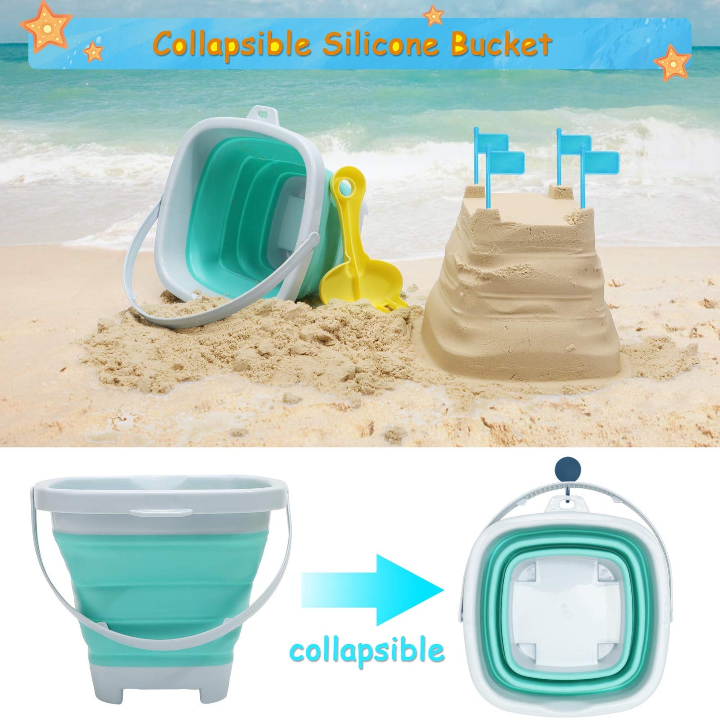 RACPNEL Beach Toys Sand Set for Kids, Collapsible Bucket and Shovels with Mesh Bag, Molds, Flags, Sandbox Kids Toddlers, Travel (Tavel Size)