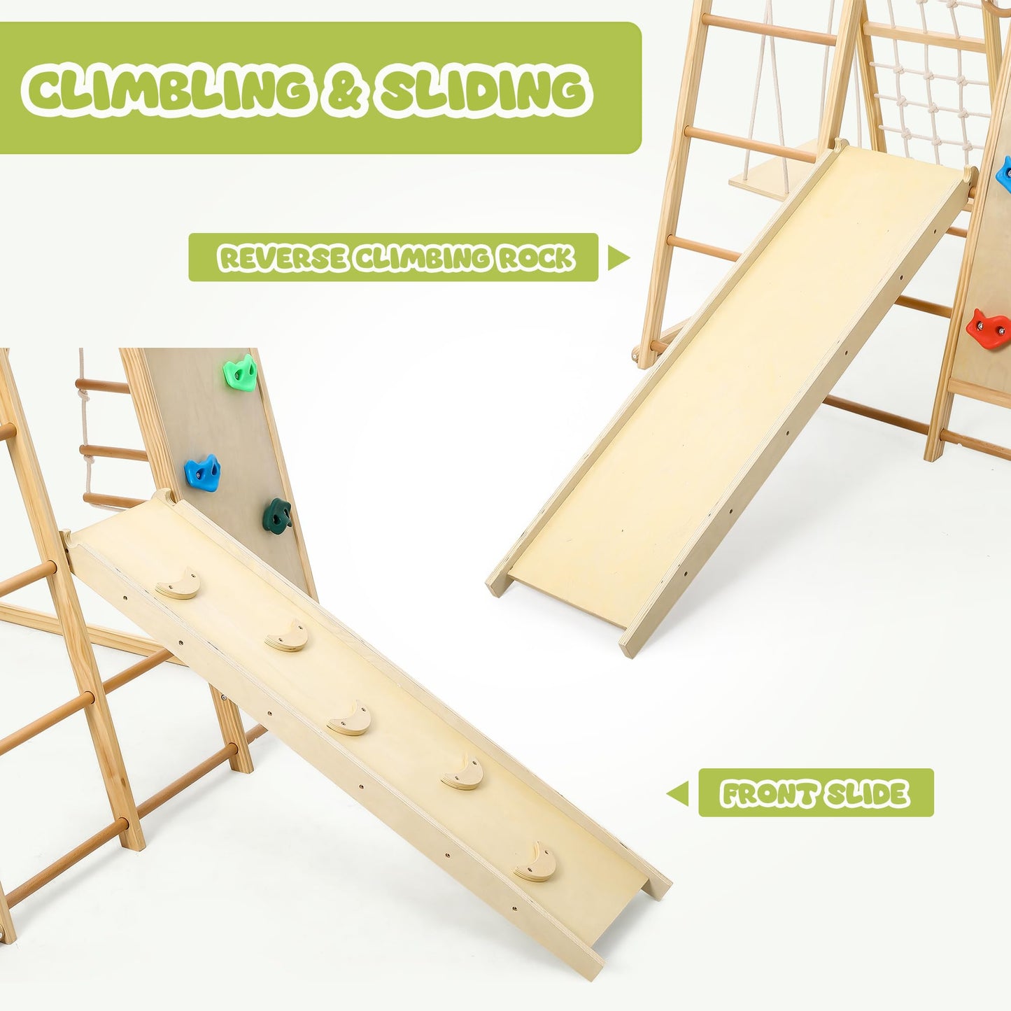 Hipicute 8-in-1 Climbing Toys for Toddlers, Indoor Playground Climber Playset, Wooden Climbing Gym with Swing, Slide, Climbing Wall, Jungle Gym for Kids Aged 3-8