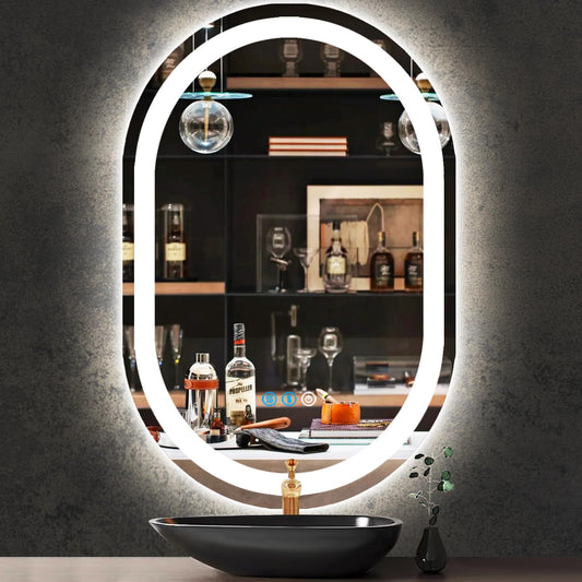 THEKLA 20 x 32 inch Oval Vanity Mirror with Lights 3 Color Smart Memory Touch Control Front Light Dimmable Anti-Fog 32 inch LED Oval Lighted Mirror for Bathroom Wall Horizontal/Vertical Mounted