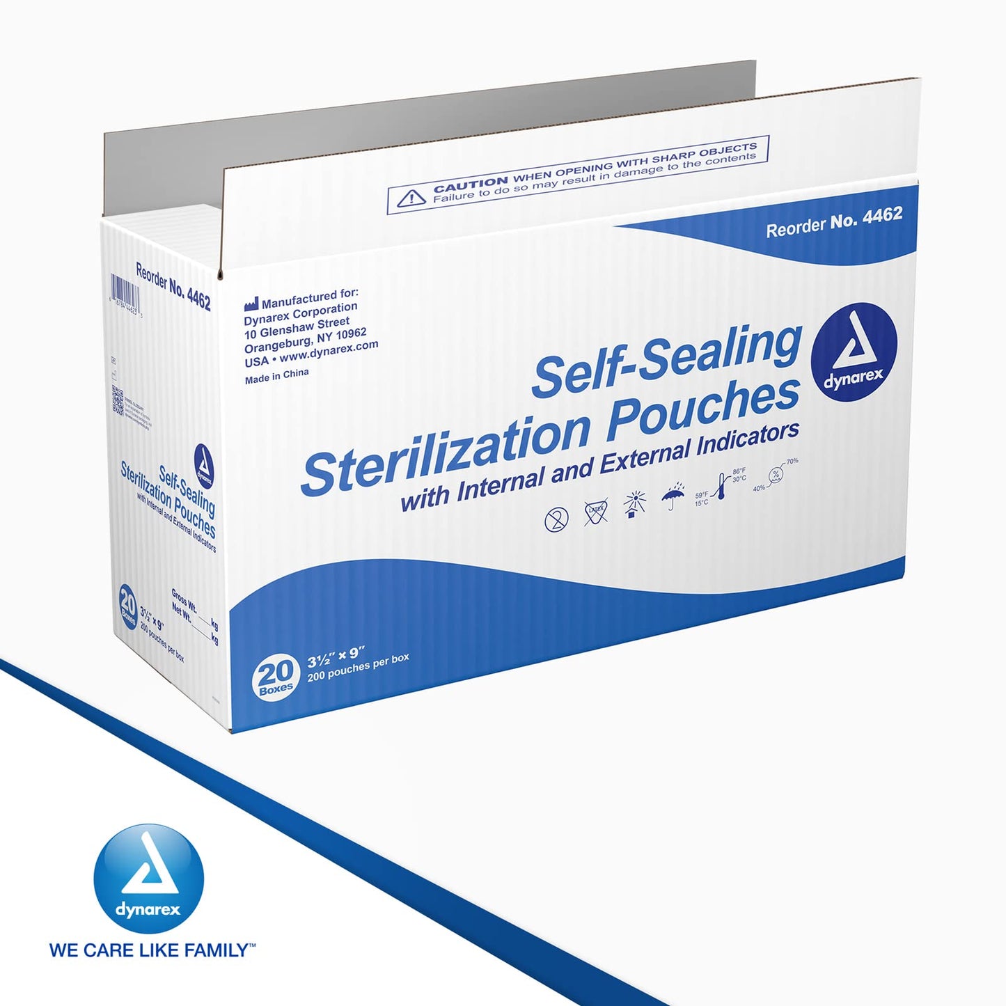 Dynarex Sterilization Pouches - Self-Sealing Autoclave Bags for Medical, Dental, Tattoo & Nail Care Tools - Blue-Tinted Transparent Cover, Dual Color Indicators - 3.5" x 9", 20 Boxes of 200