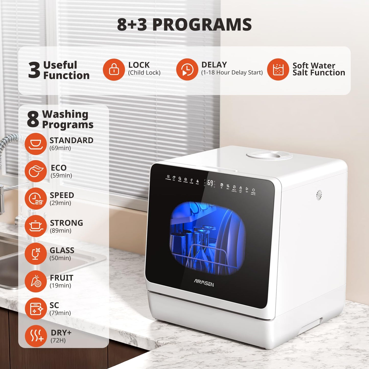 AIRMSEN Countertop Dishwasher - 8 Wash Programs and 3 Useful Function, Integrated Water Softener, Delayed Start, Child Lock, No Hookup Needed, Portable Mini Size for Home, Apartments & RVs