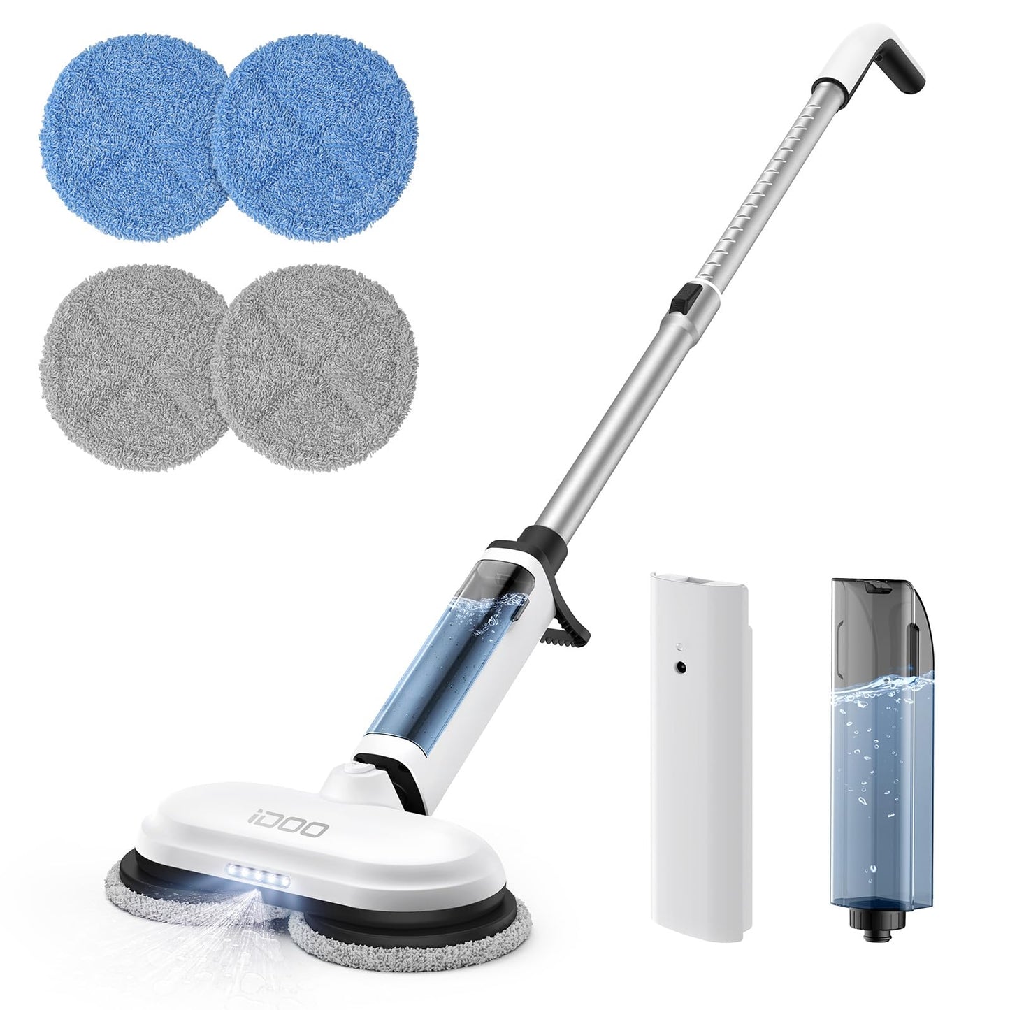 iDOO Electric Cordless Spin Dust Mop, Electric Mops for Floor Hardwood Tile Cleaning with Sprayer & LED Headlight, Rechargeable Dual-Motor, Quiet Self Propelled, Water Tank 4 Replaceable Heads, White