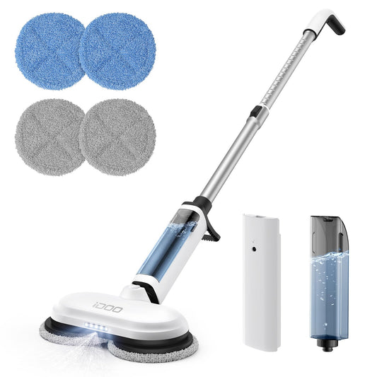 iDOO Electric Cordless Spin Dust Mop, Electric Mops for Floor Hardwood Tile Cleaning with Sprayer & LED Headlight, Rechargeable Dual-Motor, Quiet Self Propelled, Water Tank 4 Replaceable Heads, White
