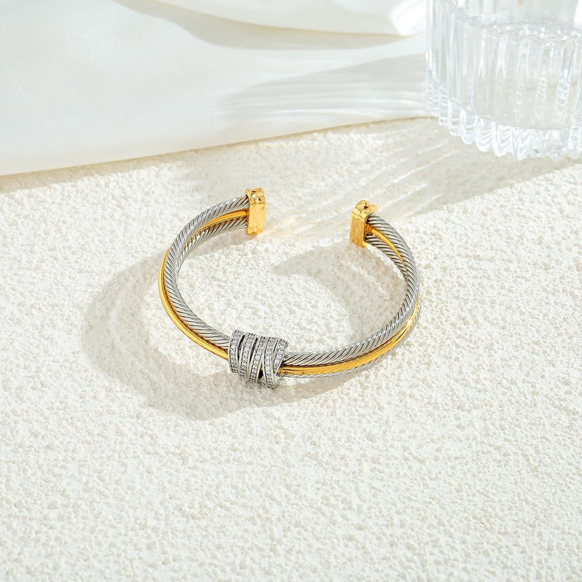 LILIE&WHITE Gold Bracelets For women With Cubic Zircon Chic Gold Bangle Statement Bracelet Adjustable Boho Open Wrist Bracelets Fashion Summer Two Tone Bracelet Jewelry