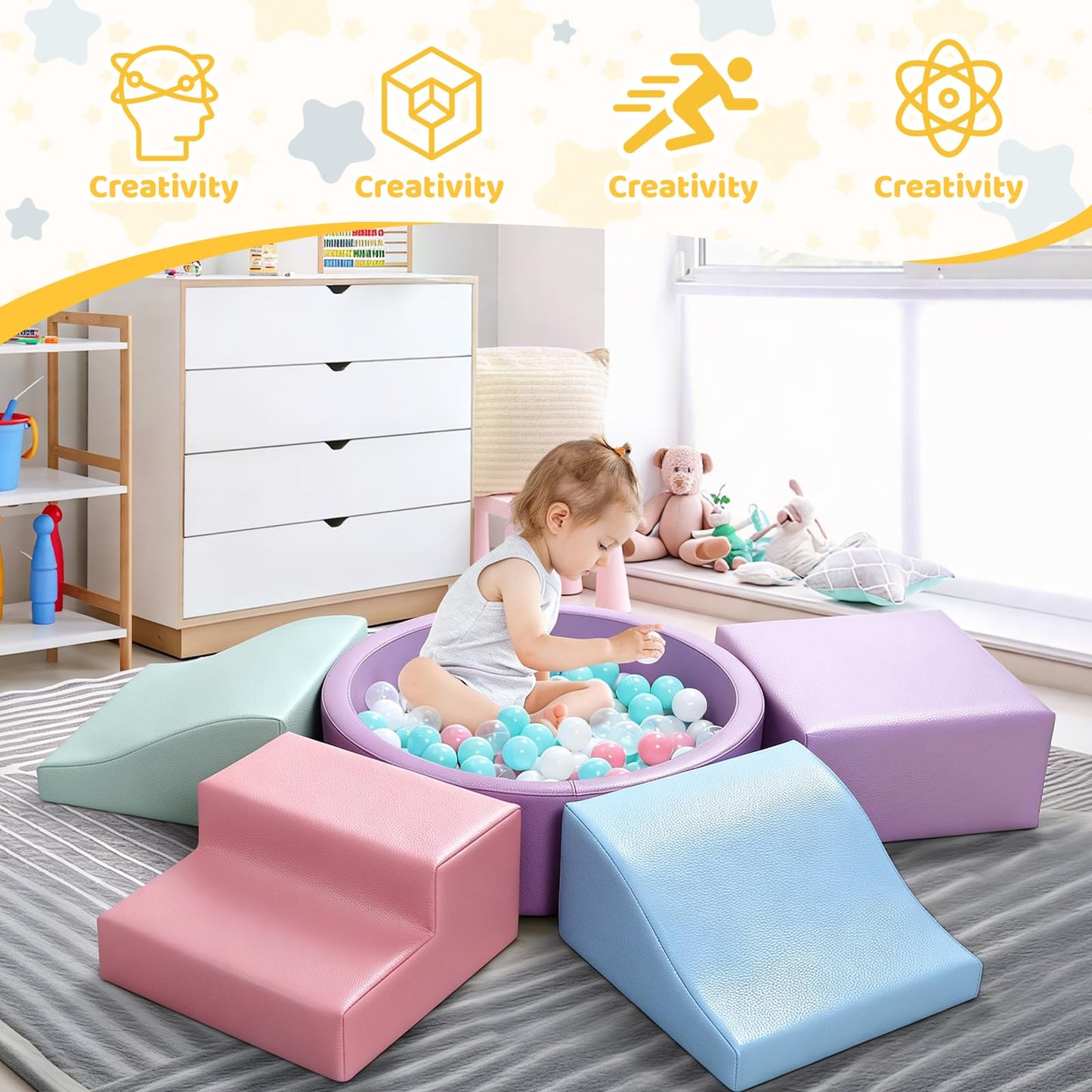Hoohtoot Foam Climbing Blocks for Toddler: with 4-Piece PU Leather Climbing Toys and a Ball Pit - Foam Ball Pit for Toddlers - Climbing Toys Indoor for Kids Crawling (Purple Climbing Blocks)