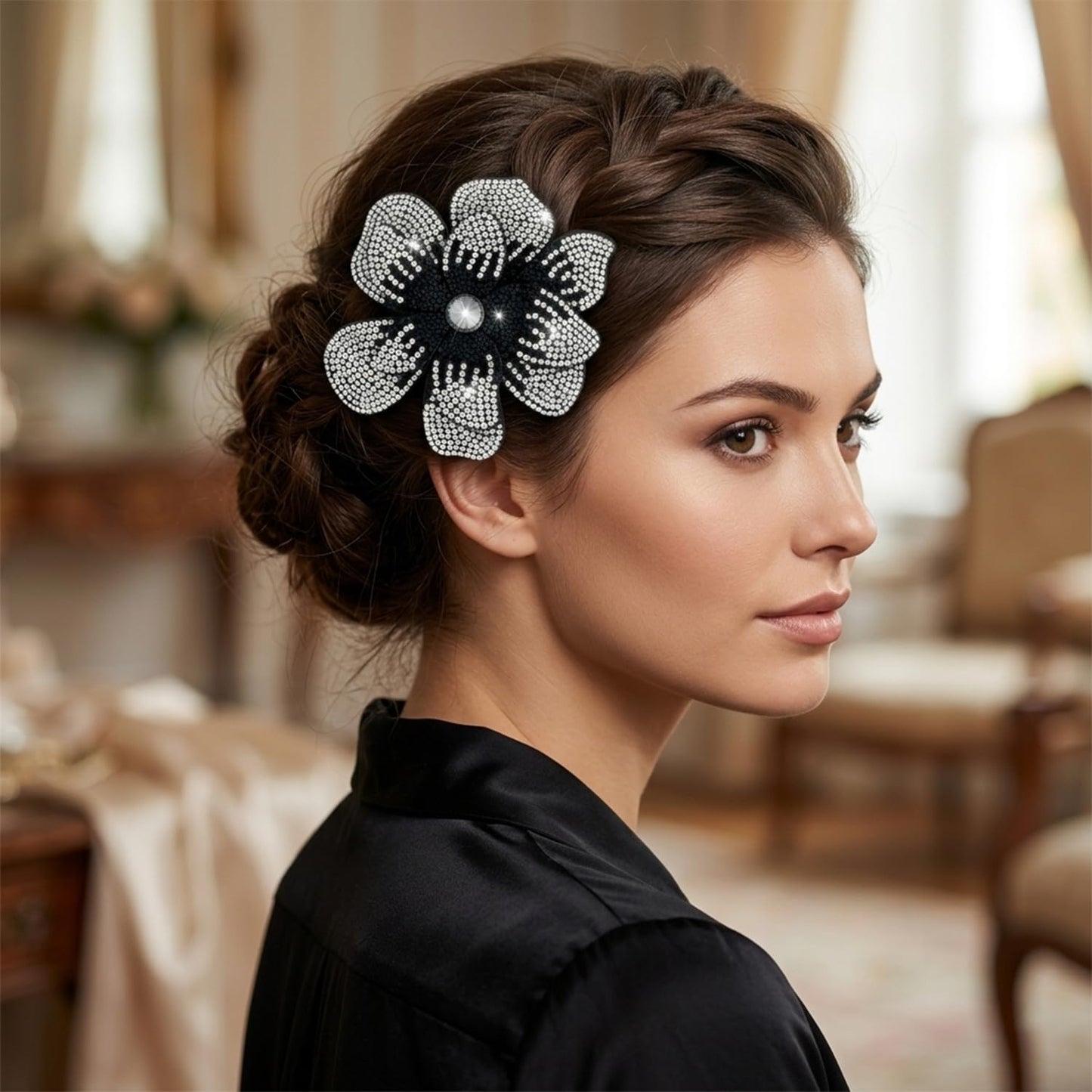 3.74 Inch Rhinestone Camellia Flower Hair Clips | Fashion Accessories Hair Clip | Lapel Pin for Parties & Wedding Events - Stylish Black & White Brooch for Women