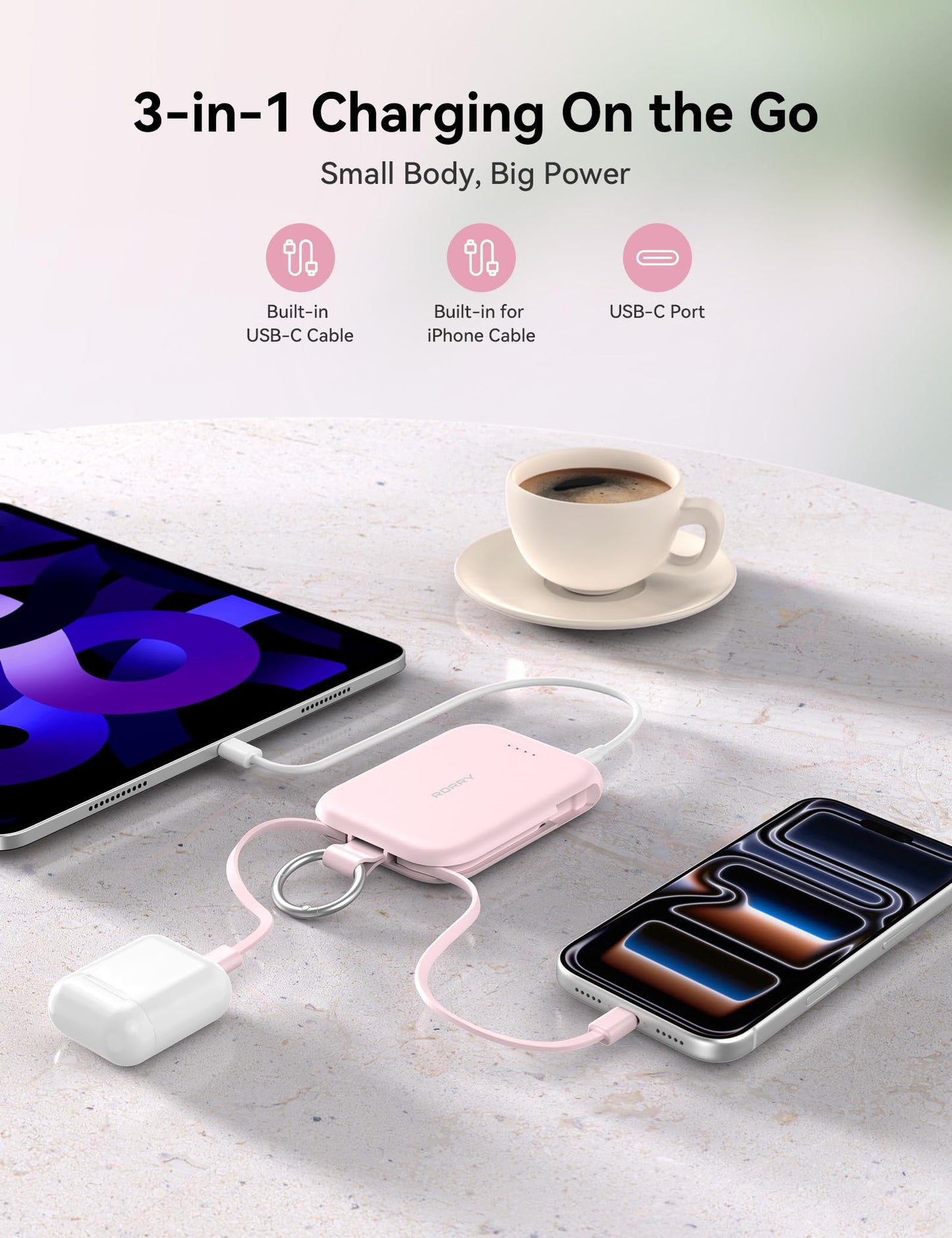 RORRY Portable Charger, 5000mAh Portable Charger Power Bank with Built-in Cables, Travel Keychain Charger Battery Pack for iPhone 17/16/15/14/13/12, for AirPods 2/3/4/Pro, Green