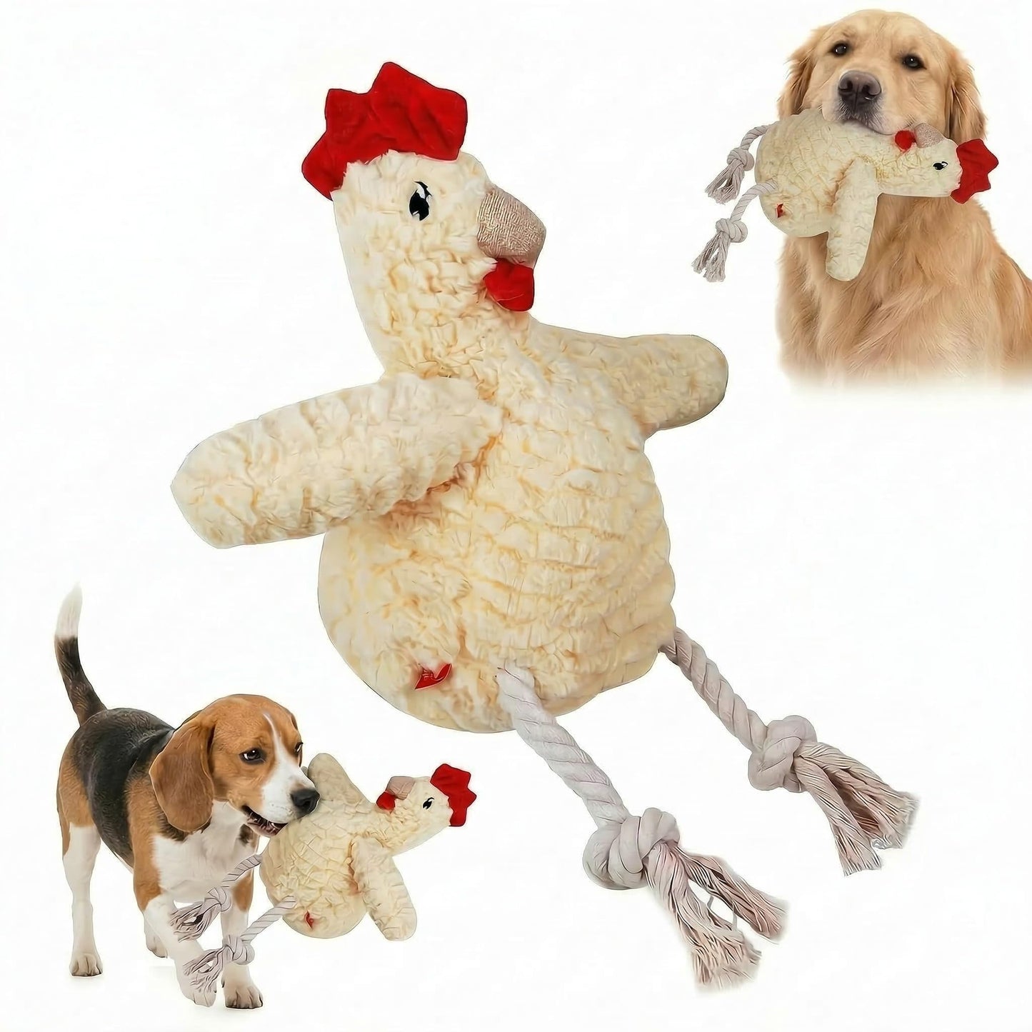 Paw-FECT Piece Soft Plush Chicken Dog Toy, with Sqeaking Sound, Durable Rope Feet, and Crinkle Wings, Emotional Support Companion Chew Toy, Great for All Breeds of Dogs