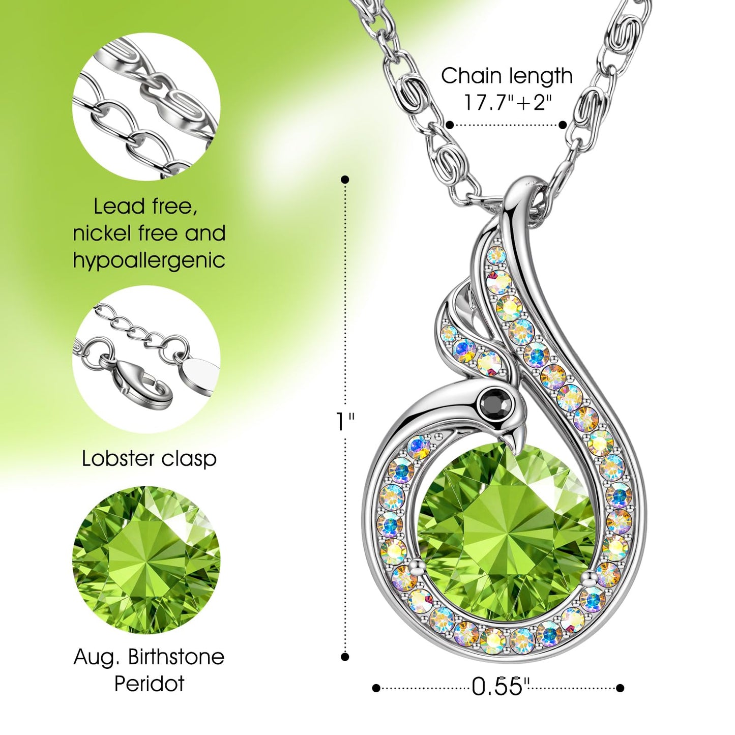 Kate Lynn Phoenix Birthstone Necklaces for Women Pendant Necklace Crystal Jewelry, Birthday Gifts for Women Wife Girlfriend Mothers Day Gift for Mom Daughter Unique Lady Christmas Jewelry Gift for Her, August Birthstone Peridot Necklace