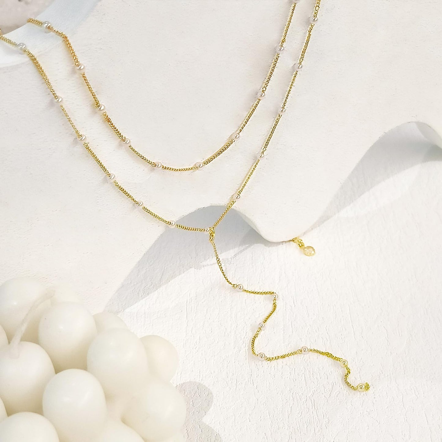 Zeffy Lariat Long Gold Necklace for Women Gold Jewelry Set Dainty Layered Pearl Y Necklaces Pearl Drop Earrings Bracelets Trendy Wedding Bride Jewelry Gift