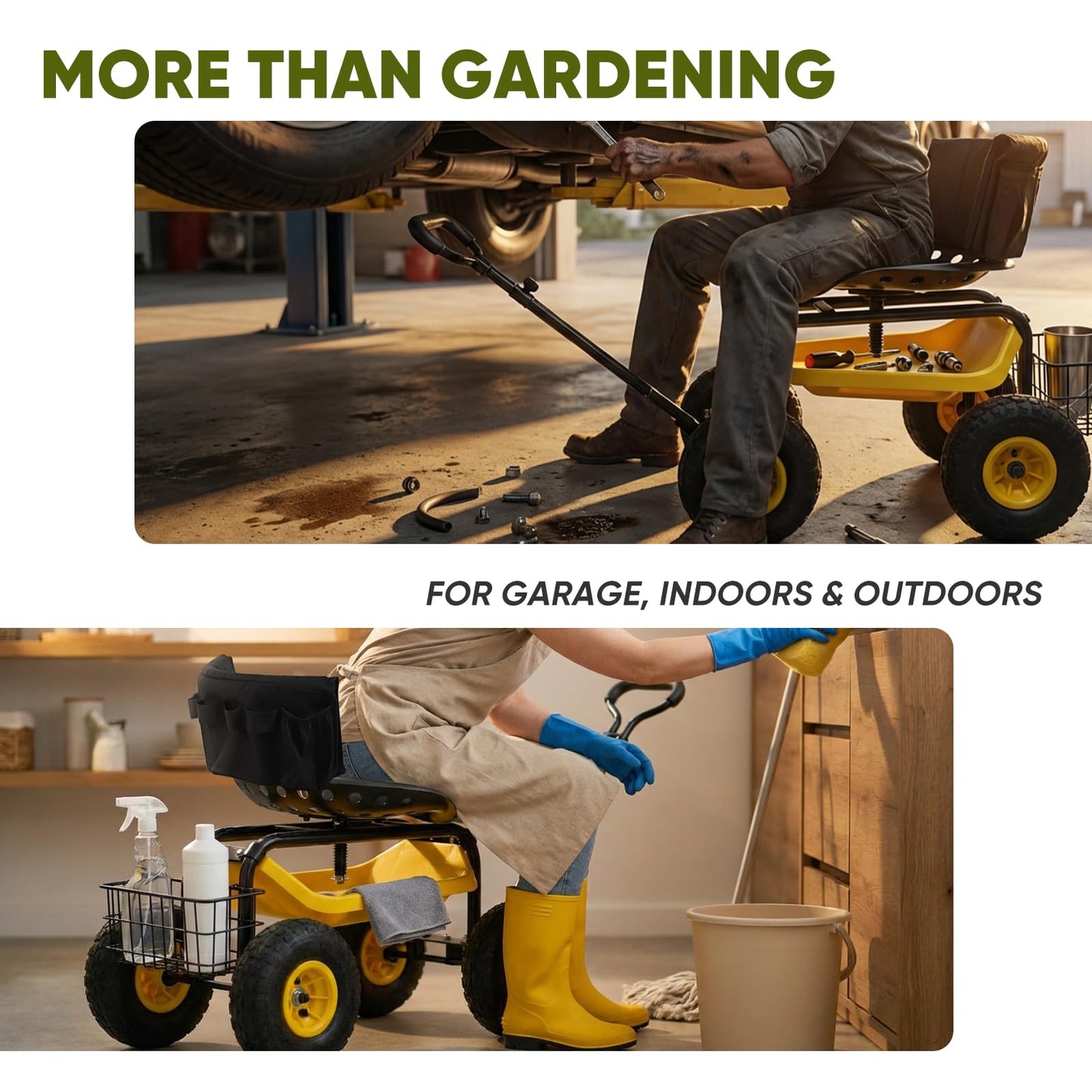 Sekey Garden Cart Rolling Workseat with Backsupport & 360° Swivel Seat, Heavy Duty Garden Scooter with Adjustable Height, Tool Tray, All-Terrain Wheels, 440 lbs Capacity for Seniors & Gardeners