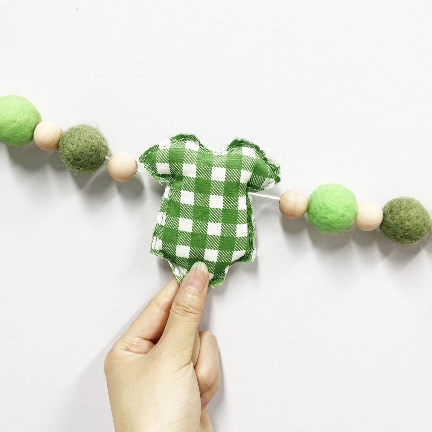 Sage Green Plaid Baby Clothes Decorations Pre-Strung Handmade Felt Baby Clothes Wooden Bead Wool Felt Ball Banner Garland for Neutral Gender Reveal Baby Shower Party Nursery Fireplace Home Decor