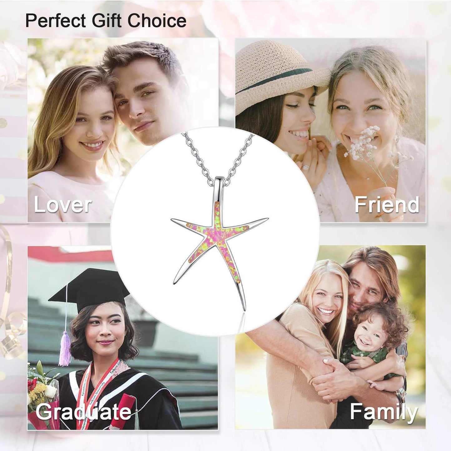 Cuoka Starfish Necklace, 925 Sterling Silver with Pink Opal, Hawaiian Beach Nautical Ocean Pendant, Starfish Jewelry Opal Jewelry Valentine for Women Girlfriend