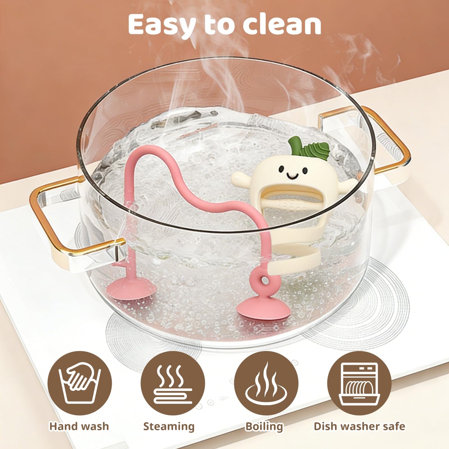 Baby High Chair Suction Toys Teething Chew - Silicone Apple Teething Relief Toys Silicone Teethers Table Toys, Food Grade Silicon for 6 12 18 Months(Beige)