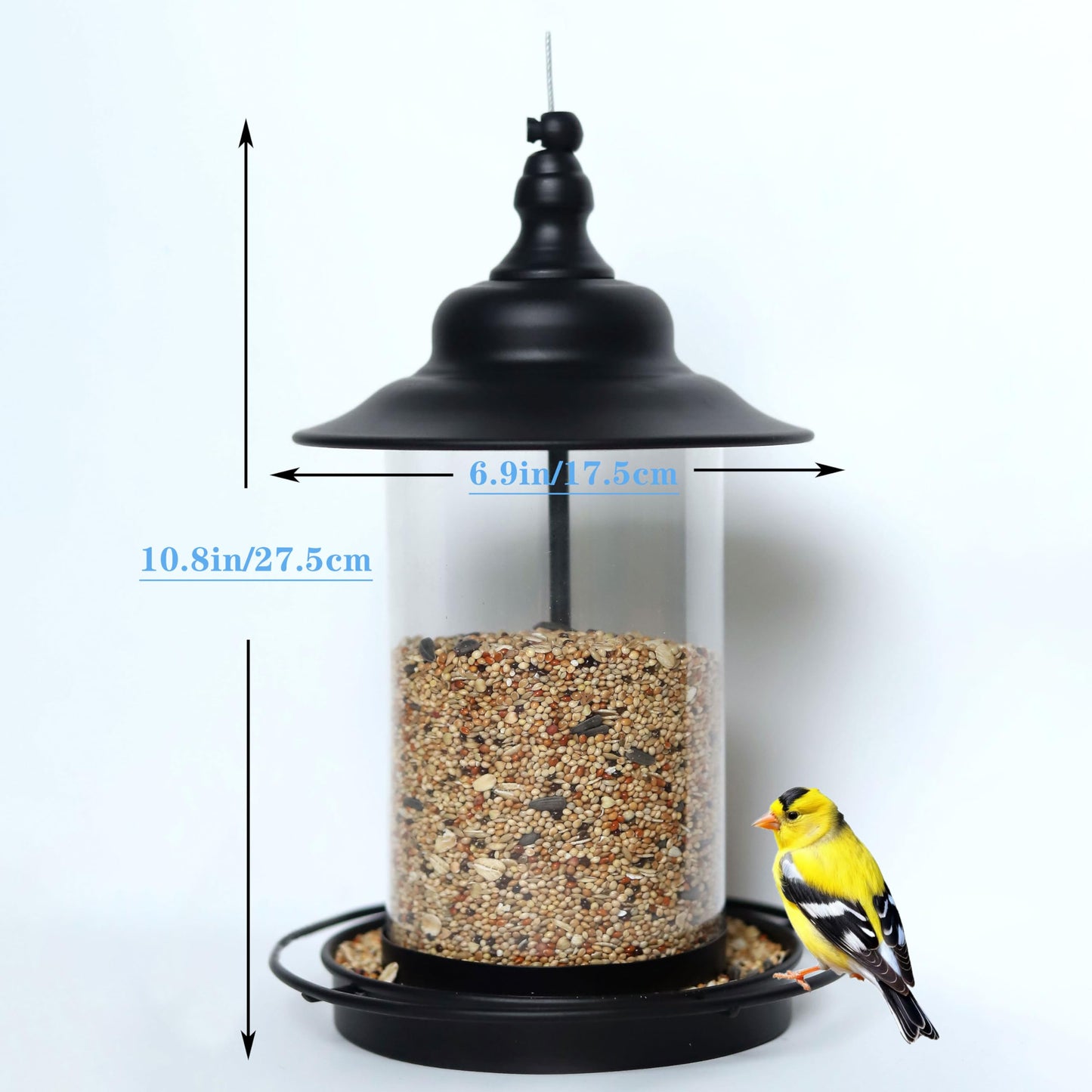 KiRuan Deco Bird Feeders for Outdoors,Hanging Bird Feeder with Locking Lid, Metal Birdfeeder with 17.5cm Weatherproof Large Roof&Tray,3 Feeding Perches,Chew-Proof, Black,1 Pack