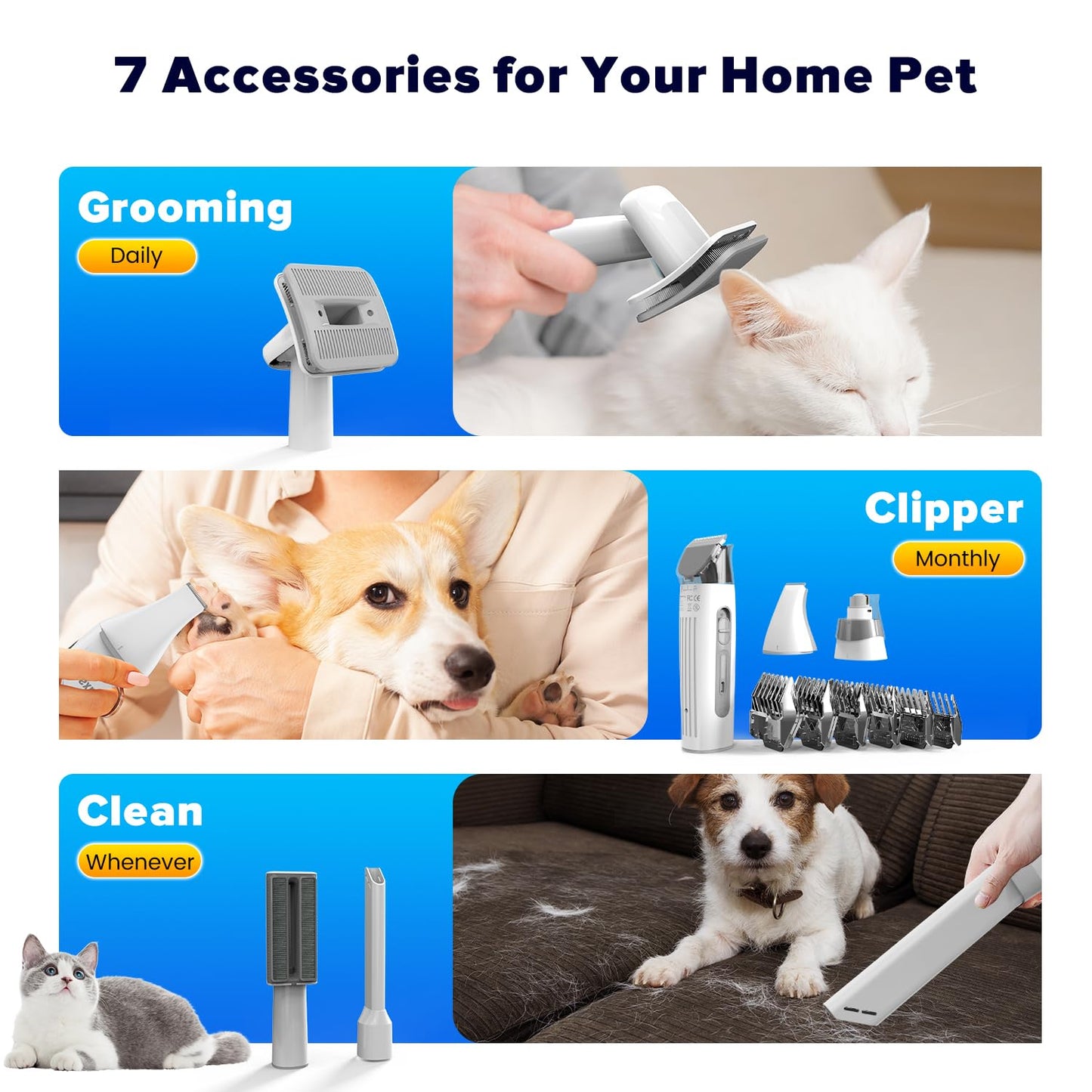DUXANO 7 in 1Dog Grooming Kit Pet Grooming Kit 15000 Pa Powerful Vacuum Suction Picks Up 99% Pet Hair, Pet Hair Remover with Dog Clippers, Grooming Brush, Nail Trimmer Grinder (Extra Large)