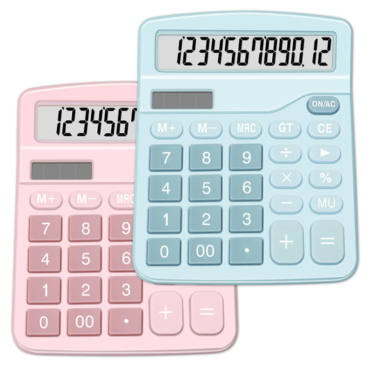 Calculator, Splaks 2 Pack Standard Functional Desktop Calculators Solar and AA Battery Dual Power Electronic Office Calculators with 12-Digit Large Display (1 Basic Black&1 Updated Silver)