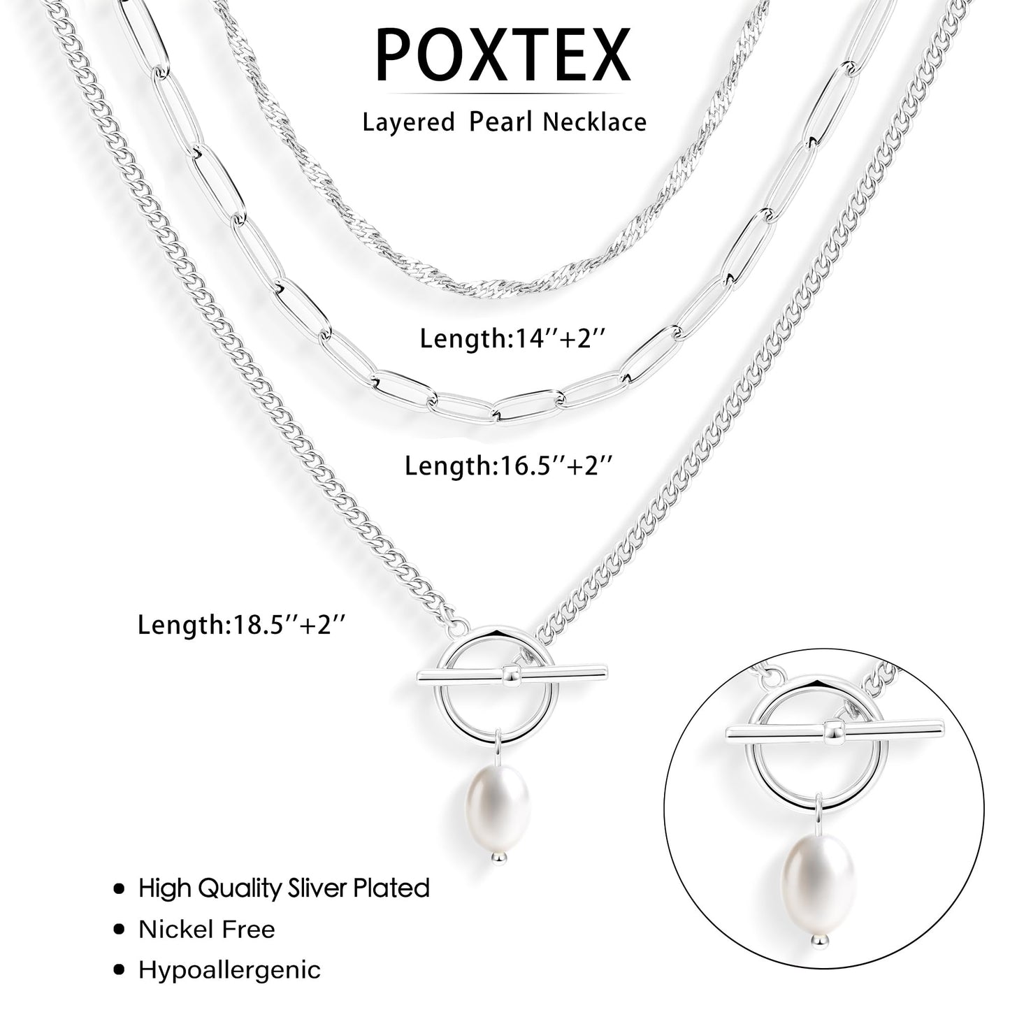 Layered Pearl Toggle Necklaces for Women Dainty Silver Plated Stack Trendy Choker Simple Paperclip Chain Pearl Pendant Toggle Necklace Jewelry Set Gifts for Women