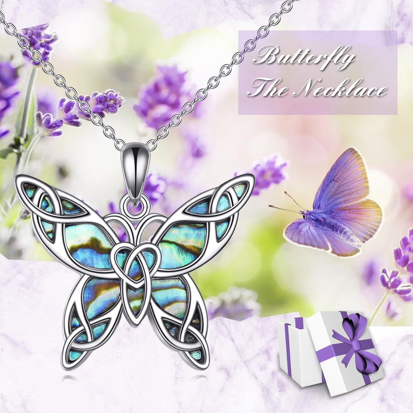 KQF Butterfly Necklace for Women Sterling Silver Abalone Shell Celtic Butterfly Pendant Necklace Jewelry Gifts for Women