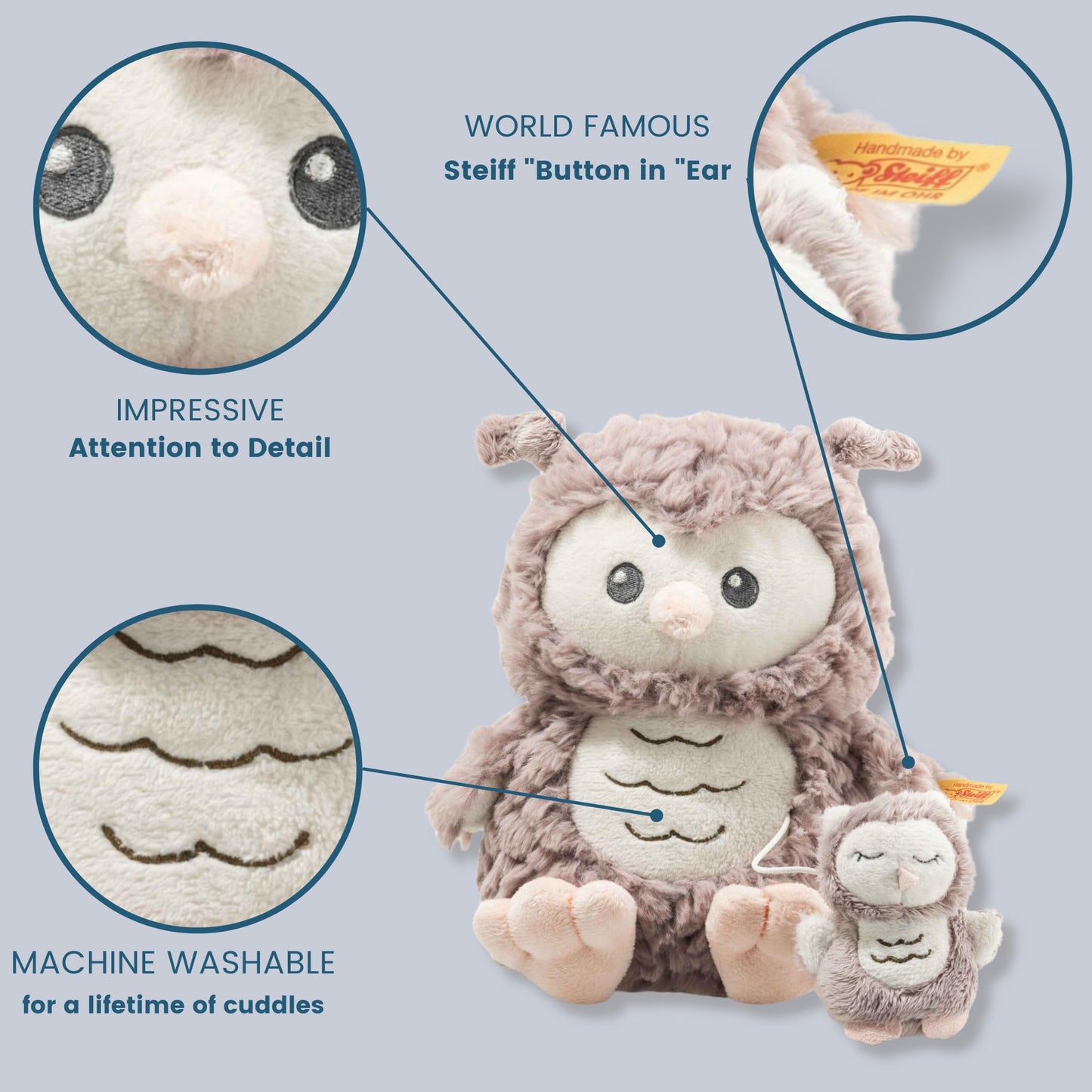 Steiff Ollie Owl, Premium Owl Musical Stuffed Animal, 0-6 or 6-12 Months, Baby Musical Toys, Baby Pull Toy for Babies, Soft Cuddly Friends (Rosé Brown, 8")