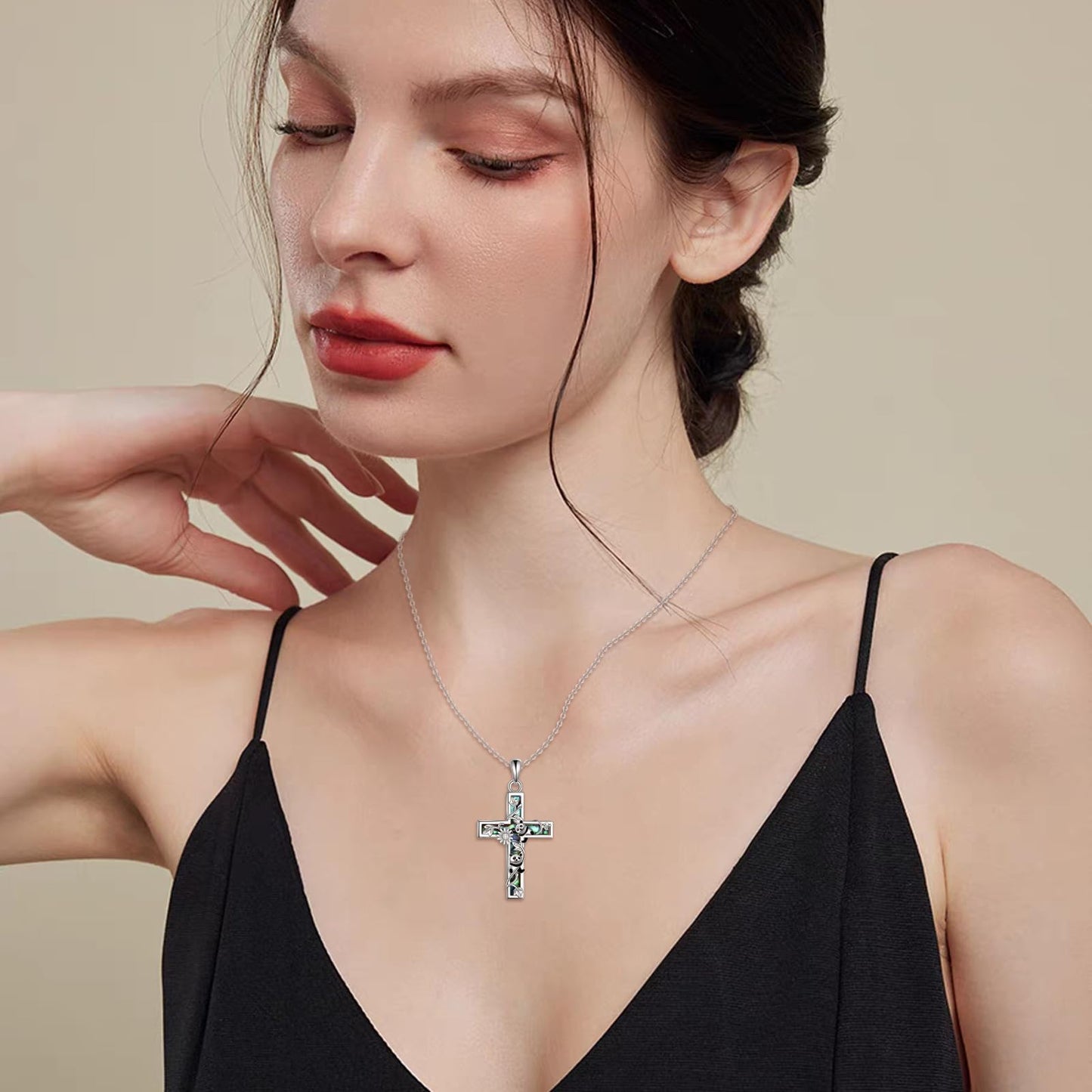 YFN Sunflower Cross Necklace Sterling Silver Panda Cross Pendant Abalone Shell Jewelry Religious Christian Baptism Gifts for Her Women