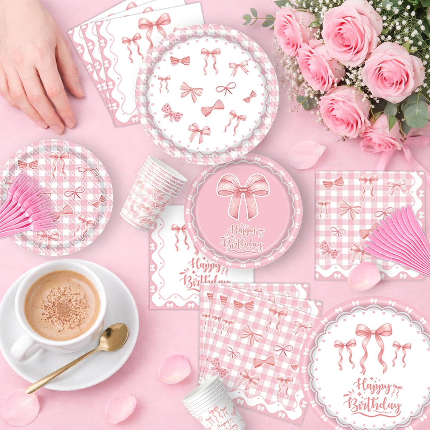 219 pcs Pink Party Decorations Set with Bow Theme, Plates, Napkins, Cups, Cutlery, Balloons, Happy Birthday Foil Banner, Bow Foil Balloons, Tablecloth, and Stickers, Serves 24