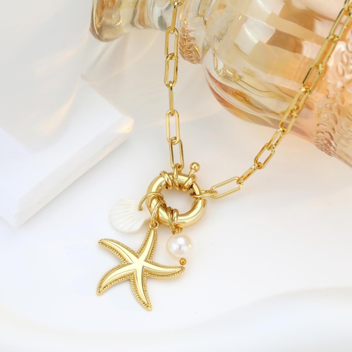 MISS RIGHT Gold Necklace for Women, Dainty 18k Gold Plated Starfish SeaShell Pearl Cute Boho Pendant DIY Charm Necklace,Non Tarnish Adjustable Chunky Paperclip Chain Jewelry for Summer Beach Vacation