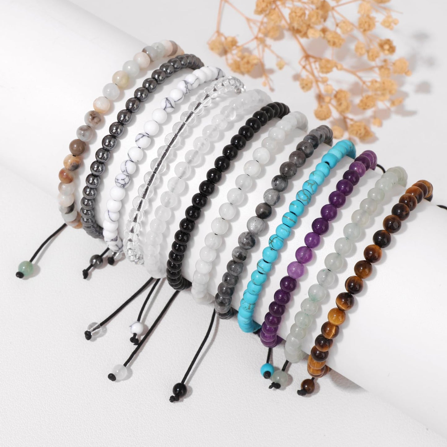 Pendlixy 4MM Healing Crystal Beaded Bracelet Handmade Adjustable Natural Selenite Stone Crystal Bracelet Healing Inspirational Gifts for Women Men
