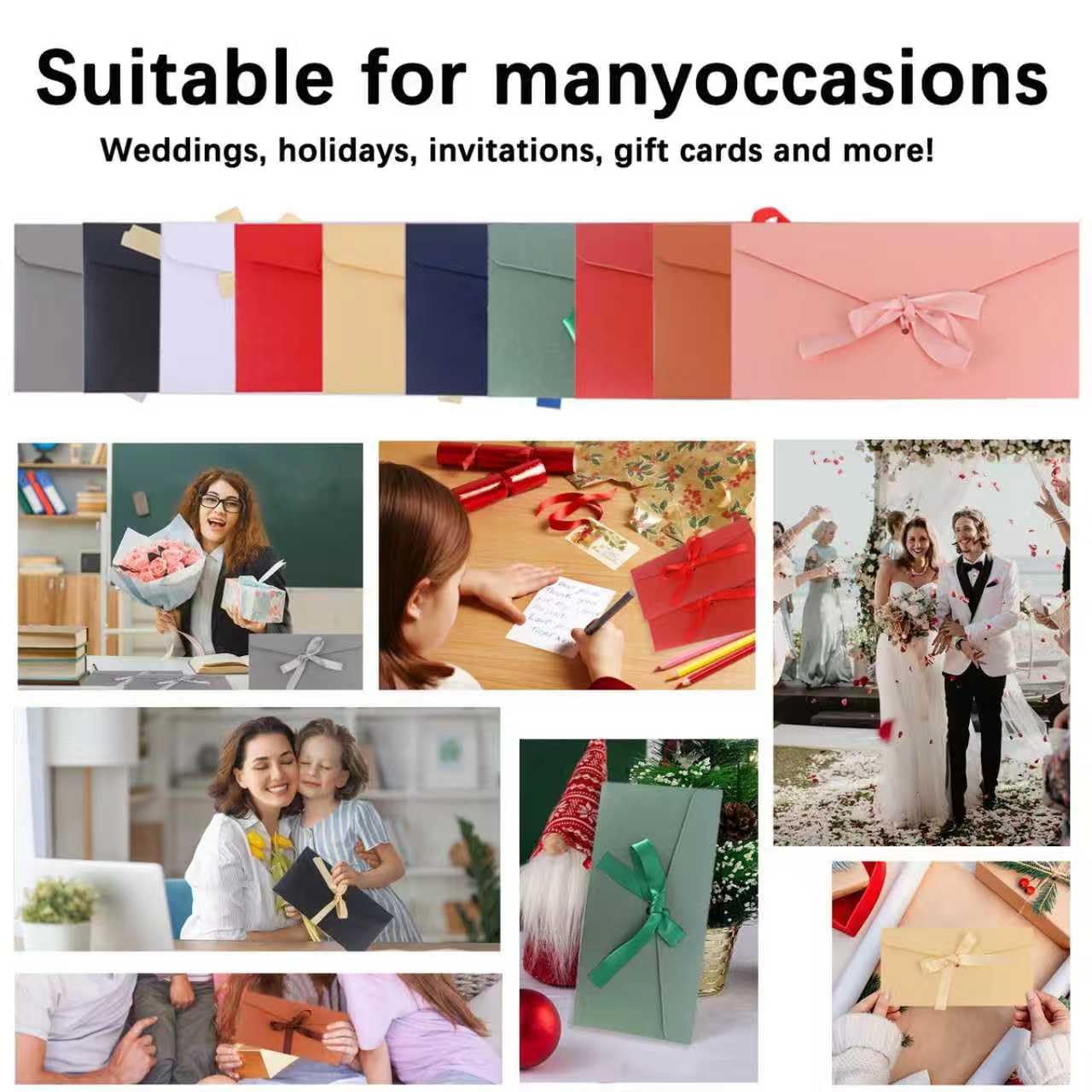 50 Pieces Multicolor Envelopes with Bow Tie Closure, Paper Greeting Card Holders for Invitations Mail Postcard Bills Wedding Party Favors Business Cards, 8.66 x 4.33 Inches