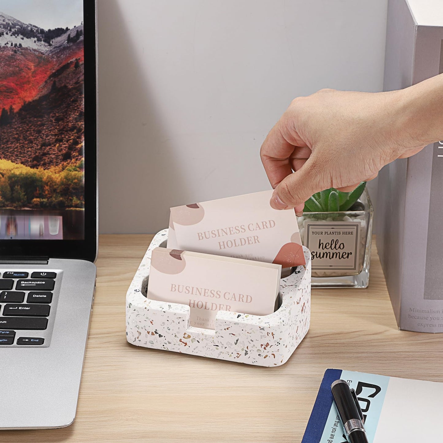 Hipiwe Business Card Holder Stand for Desk, 2 Slots Terrazzo Business Name Card Display Stand for Women Men Desktop Concrete Business Card Organizer for Office, Fits for 100 Business Cards