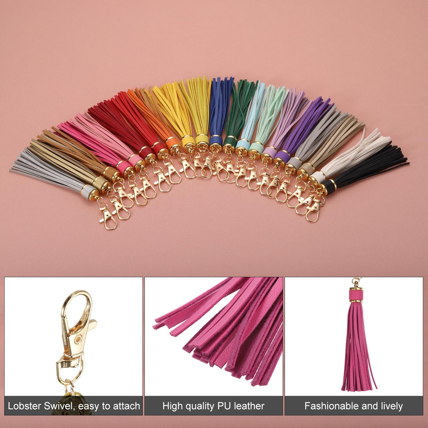 uxcell 18pcs PU Leather Tassels, 5.9 Inch Keychain Tassel Charm with Lobster Swivel for Jewelry Making, Handbag, DIY Crafts, (Rose Pink)