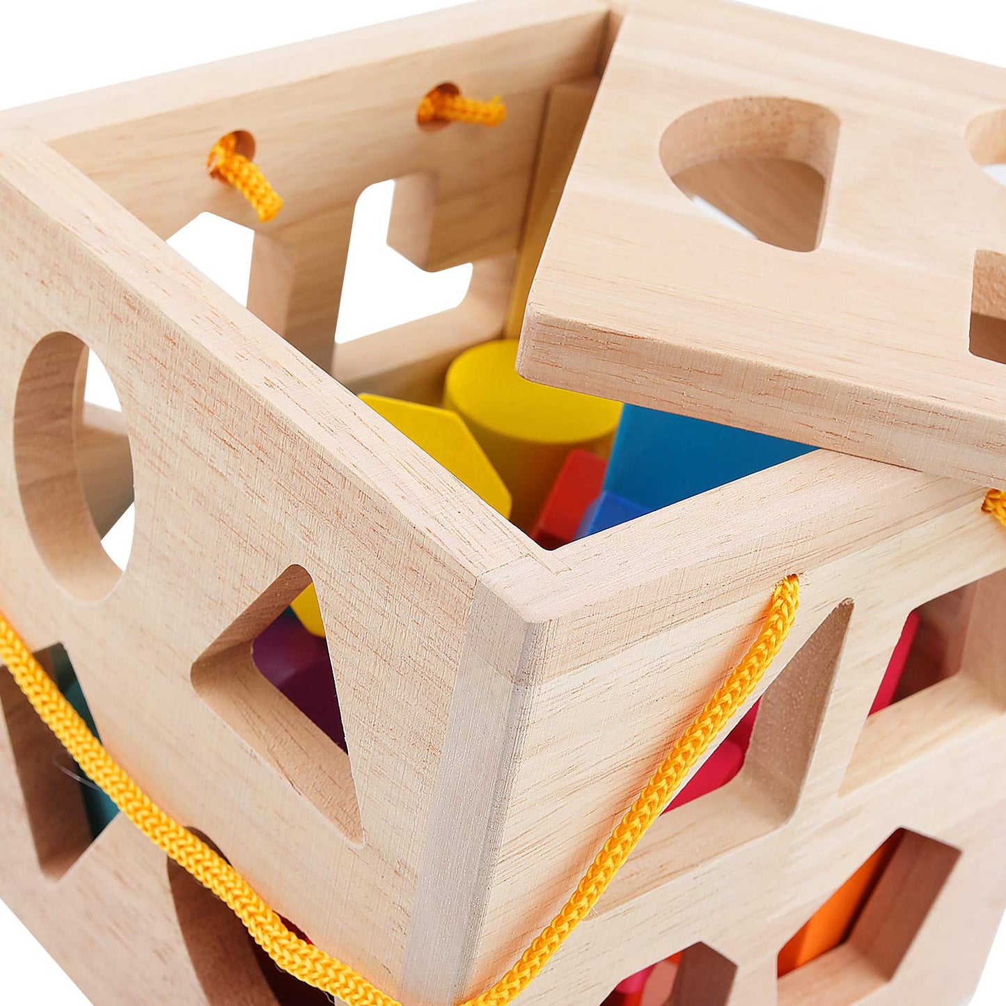 QZMTOY Shape Sorter Toys with 19 Shape Blocks, Classic Wooden Toys for Toddlers Kids, Gift for Girls Boys 2-4 (Natural Solid Wood)