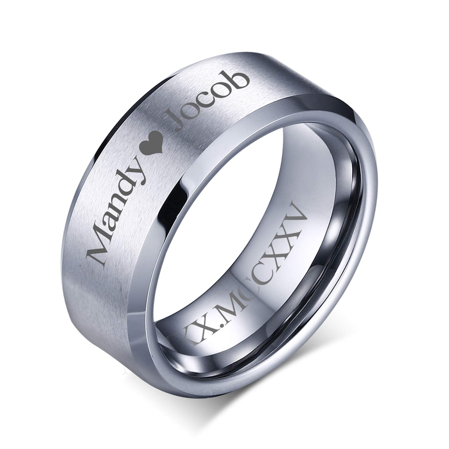 VNOX Customize Personalized Name Date LOVE 8MM Stainless Steel Simple Matte Brushed Finish Wedding Band Engagement Rings for Men Women,Size 7,Silver