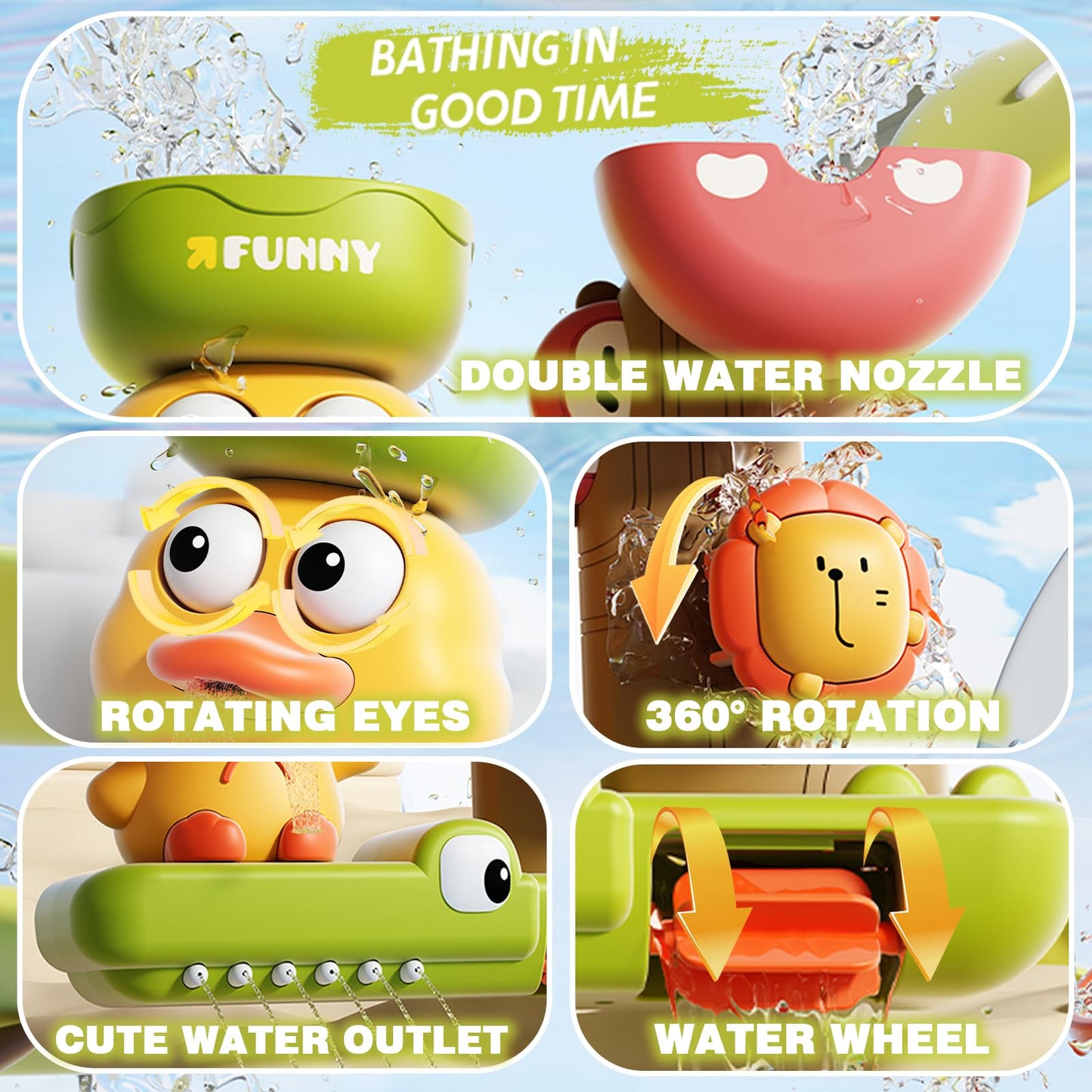 TXTLDB 2-in-1 Bath Toys for Toddlers 1-3, Magic Watering Can with Blooming Flowers & Suction Cup Spinning Duck Toys Set, Interactive Sensory Bathtub Game for Boys Girls 18M+, BPA-Free ABS Plastic