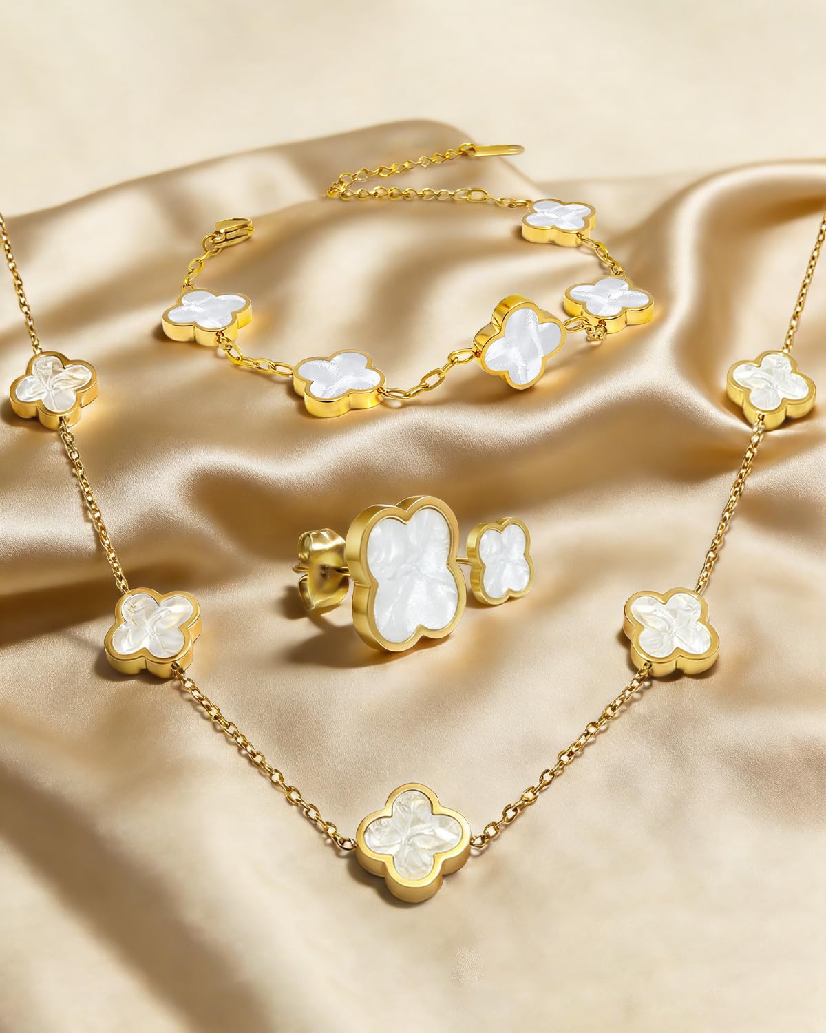 Aimétte Monette 18K Gold Plated Jewelry Set, Clover Necklace, Clover Bracelets and Stud Earrings Set, Women's Hypoallergenic White Gold Lucky Bracelet and Necklace Fashion Gifts for Women Trendy